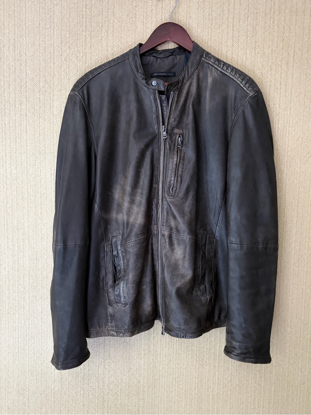 John Varvatos Distressed Black Leather Bomber Jacket
